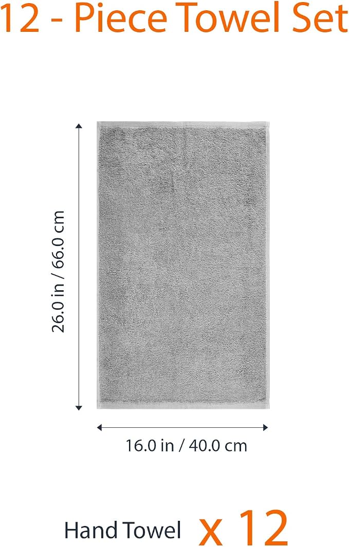 Amazon Basics Soft and Thick Cotton Hand Towels for Gym, 16 x 26 in, Gray, 12-Pack