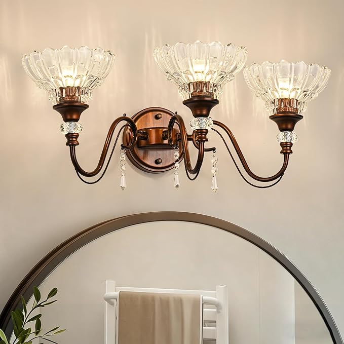 Vintage Bathroom Vanity Light, 3-Light Matte Antique Red Bronze Finish Wall Sconce with Hanging Crystal Accent and Flower-Shaped Clear Glass Shades, Retro Wall Mount Vanity Light Over Mirror
