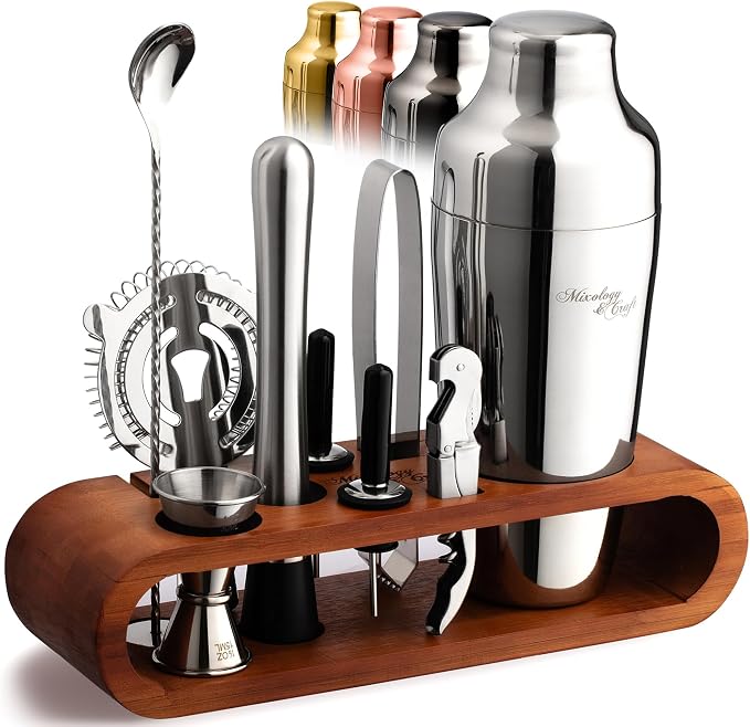 Mixology & Craft Cocktail Shaker Set with Dark Bamboo Stand - Professional 10-Piece Bartender Kit - Complete Bar Set & Cocktail Mixer Kit for Home (Silver)
