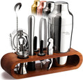 Mixology & Craft Cocktail Shaker Set with Dark Bamboo Stand - Professional 10-Piece Bartender Kit - Complete Bar Set & Cocktail Mixer Kit for Home (Silver)