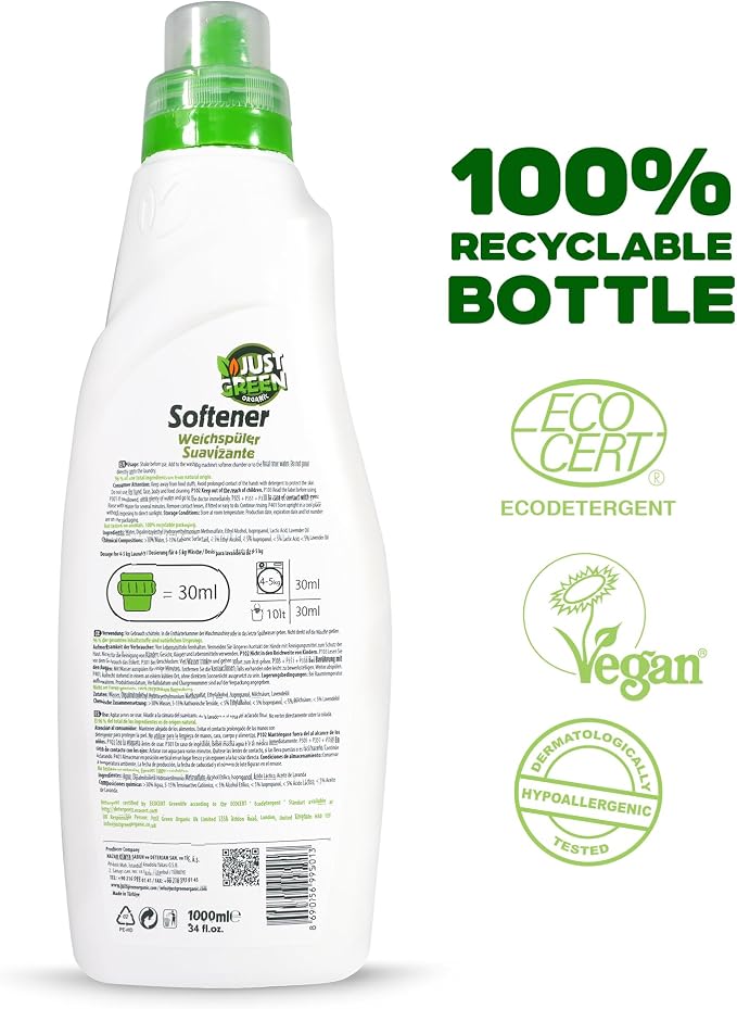 Fabric Softener, Plant-Based Liquid Fabric Softener, Non-Toxic, Hypoallergenic, EcoCert Certified, Vegan, Natural Lavender Scent, 32 Washes, 33.8 fl oz (1000 ml) - 2 Pack