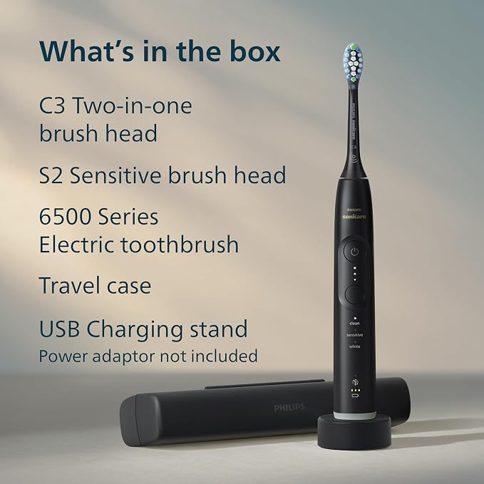 Philips Sonicare 6500 Rechargeable Electric Toothbrush, 2 Brush Head, Black | 1000% More Plaque Removal¹, Visual Pressure Sensor, 9 Brush Settings, App Connected, 21-Day Battery, Travel Case, HX7411/08