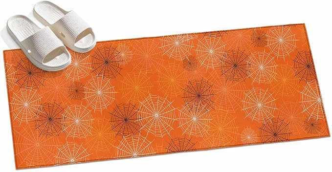 Hallway Runner Rug 2'x6', Orange Halloween Washable Bathroom Area Rugs for Kitchen Bedroom Laundry, Black White Net Halloween Non Slip Door Mat Indoor Entrance Floor Throw Bedsides Carpet