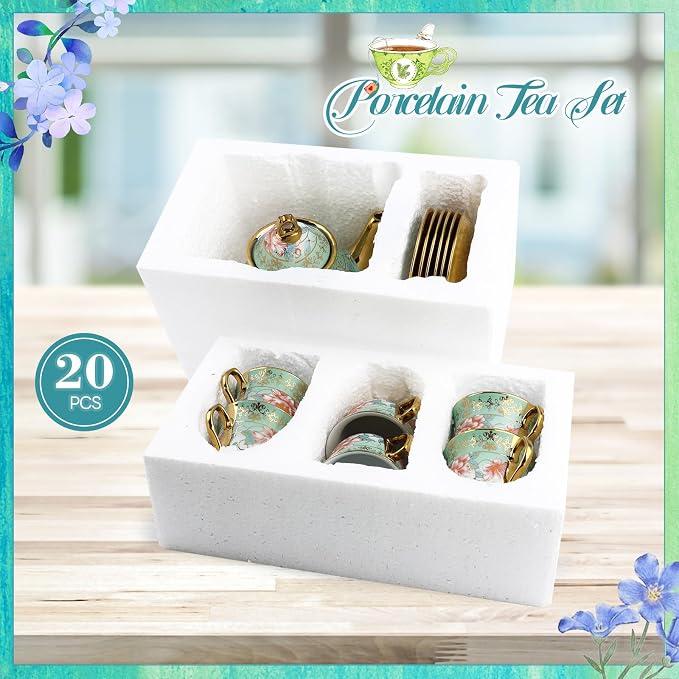 20 Pcs Porcelain Tea Set with Metal Holder and Spoon, European Ceramic Tea Set for Adults, European Flower Painting Teapot Cup Saucer Spoon Set for 6, Gift Pack