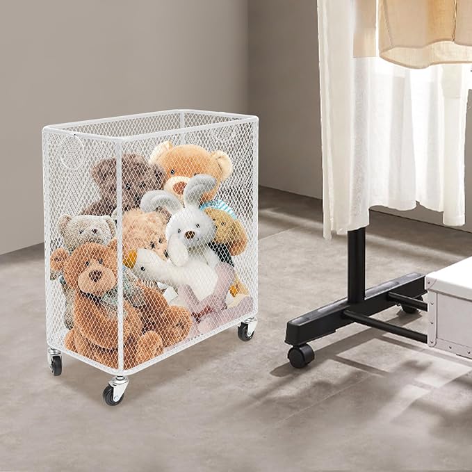 Rolling Laundry Basket with Wheels and Round Handle, Rectangular Metal Mesh Wire Laundry Hamper, Wheeled Dirty Clothes Basket, Utility Storage Cart Bathroom Organizer for Home (White-Rectangular)