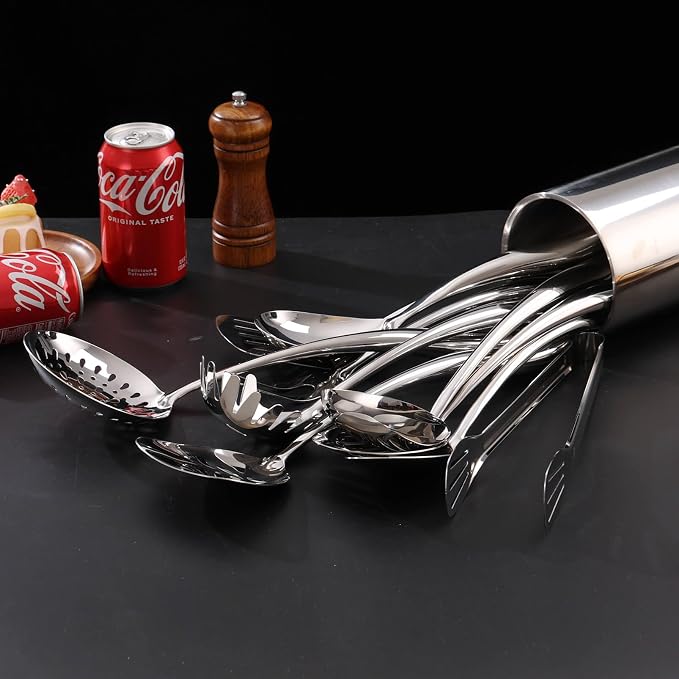 18/10 Stainless Steel Kitchen Utensils Set with Holder for Countertop | 15″ Spatula Spoon Set with Storage Organizer, 12-Pieces, Fork, Tongs, Spatula, Ladle, Skimmer, Turner, Spaghetti, Large Spoon