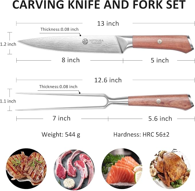 YOTSUBA Japanese Carving Knife and Fork Set, Razor-Sharp German Stainless Steel, Full Tang Ergonomic Rosewood Handle, Slicing Knife for Meats, BBQ & Brisket, Premium Gift