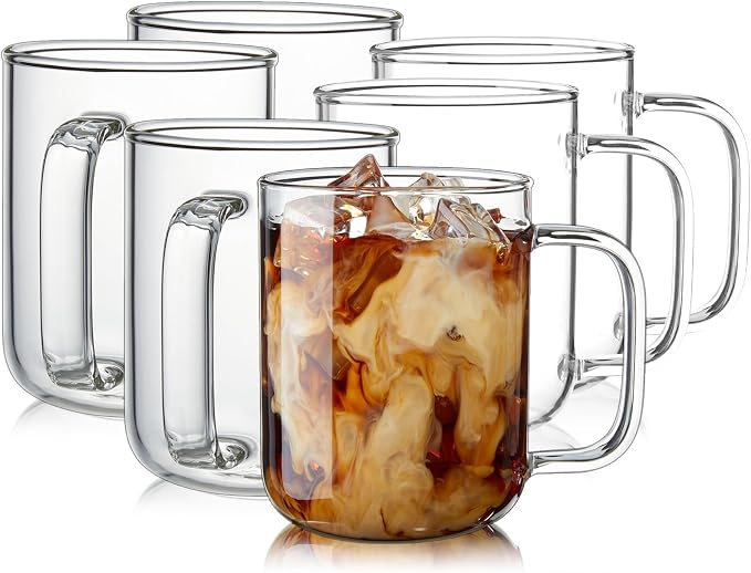 Glass Coffee Mugs, 12 oz iced coffee cups, Clear Tea Cups Set of 6, Glass Mugs with Handles, Glass Cups for Latte, Cappuccino, and Tea