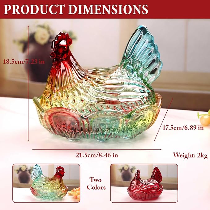 Hen-Shaped Crystal Glass Candy Dish,Pastoral Style Candy Bowl with Lid,Muti-Color Tabletop Dessert Plate Snack Bowl Egg Tray