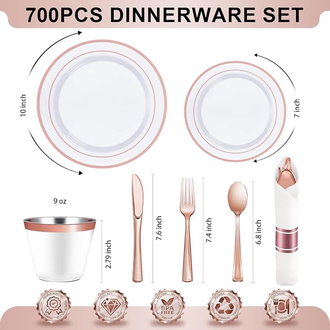 BESTVIP 700PCS Rose Gold Plastic Dinnerware Set, Disposable Party Plates for 100 Guests, Include: 200 Plastic Plates, 100 Pre Rolled Napkins with Rose Gold Silverware, 100 Cups for Christmas