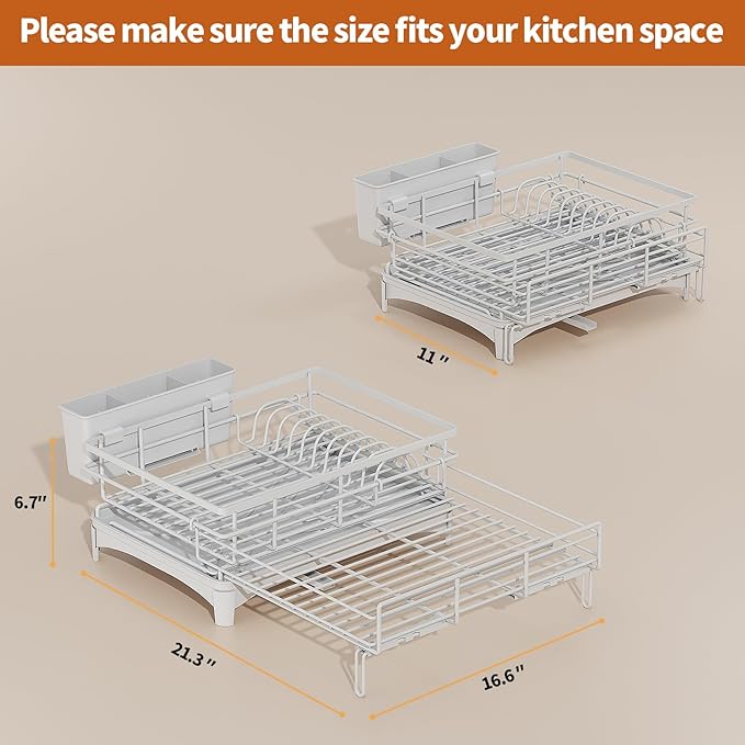 Laveshop Dish Drying Rack - Expandable Rack, Large Capacity Dish Drainer for Kitchen Counter, Rust-Proof with Utensil Holder, Gray