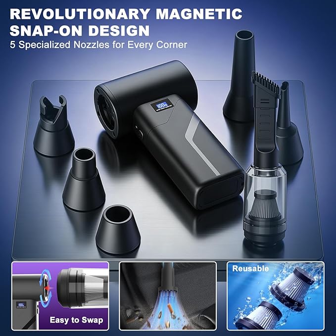 2-in-1 Vacuum and Blower, 110,000 RPM Compressed Air Duster, 160g Powerful Jet Dry Blower, Smart LED Display & Magnetic Nozzles, Cordless Air Duster for PC Cleaning Kit, Keyboard, Car Detailing
