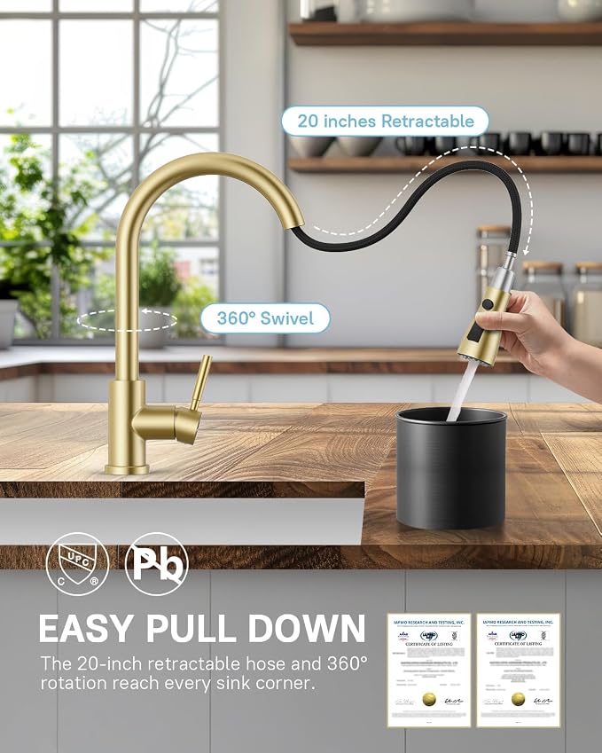 WEWE Kitchen Faucet with Pull Down Sprayer and Soap Dispenser, Gold High Arc Single Handle Stainless Steel Sink Faucet, Suitable for Farmhouse, RV & Laundry