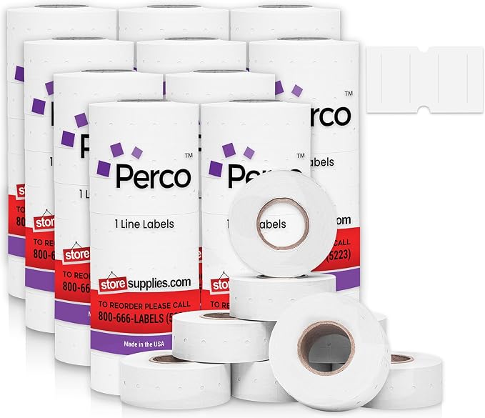 Perco 1 Line White Labels - 80,000 Blank Price and Date Gun Labels for Perco Lite, X, Plus and Pro 1 Line Price and Date Guns- 80 Rolls, 10 Sleeves - Made in USA