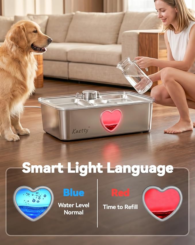Kastty 4.5Gal/17L Stainless Steel Dog Water Fountain for Pets, Inside, FS87 | 6-Stage Filtration, Dual-Color LED, Visual Window, Large Medium & Multi-Pet