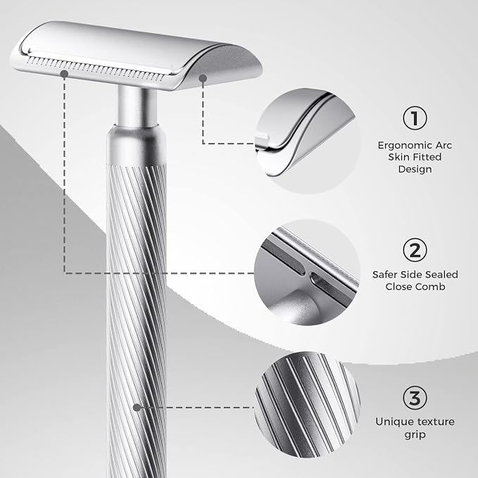 Double Edge Safety Razor, Metal Razor Includes 10 Double Edge Blades | Classic silver finish with a clean metallic look that complements any grooming setup.