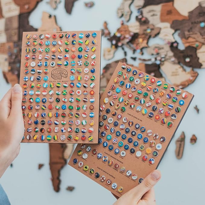 Enjoy The Wood 3D Wooden World Map Wall Art - Large Travel Map with Pins for Art Decor - Decorative Map of the World for Home, Office - Travel Wall Art Housewarming Gift Idea (Flags Push Pins, Pins)