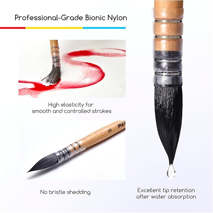 MEEDEN Watercolor Brushes Professional - Synthetic Squirrel Hair Artist Paint Brushes Set with Beech Wood Handle Great for Artists Hobbyists Size 6