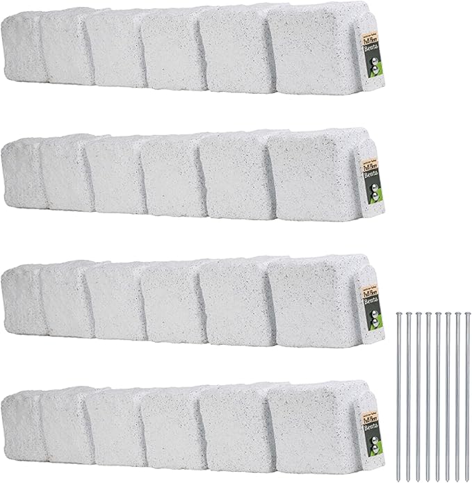 Landscape Edging | Garden Edging Border | Polyrock Blocks for Lawn Edging, Flower Beds & Yard Edging – 4 Pack | Each Section Has 6 Blocks 48" L x 4" W x 6.5" H | 8 Spikes | Limewash