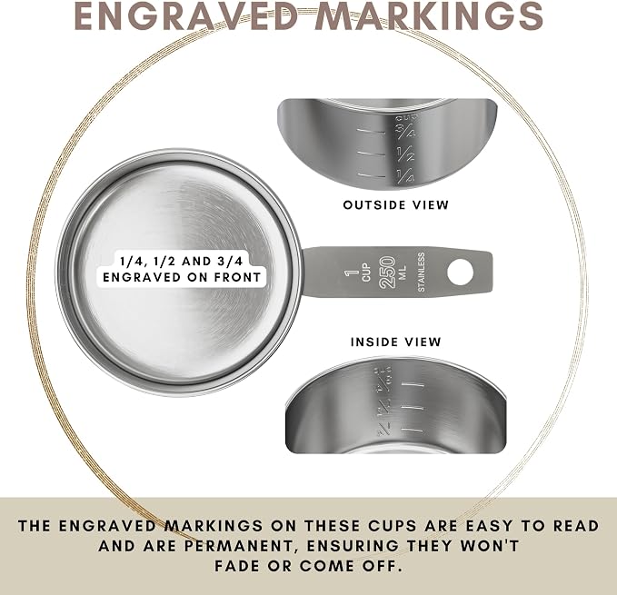 1 Cup Stainless Steel Measuring Cup | Sturdy Metal 250 ml | 240 cc | 8 oz | Single Cup for Wet and Dry Ingredients | Great for use as 1 Cup Dog Food Scoop - 4 PK