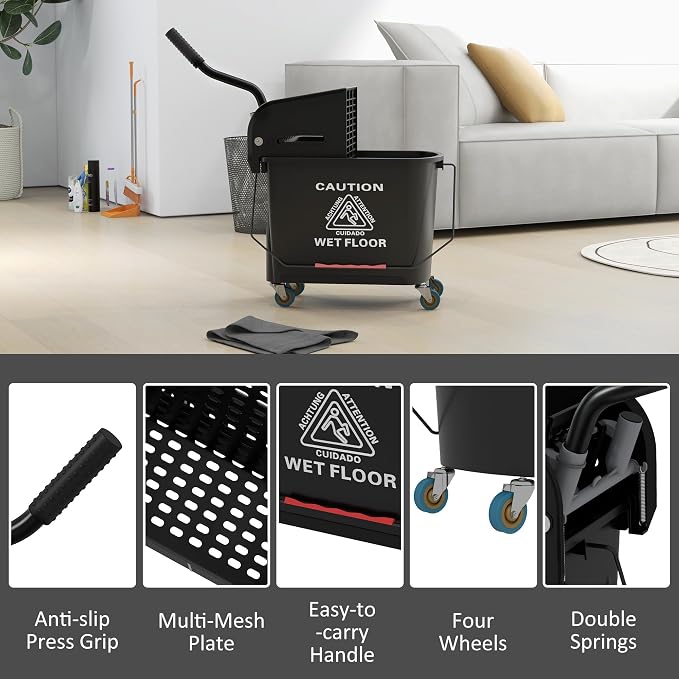 HOMCOM Commercial Mop Bucket Side Press Wringer Wheels 21 Quart Black | for Floor Cleaning, Separate Dirty and Clean Water, for Home Apartment Small Business and Office