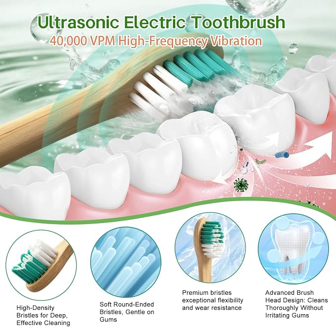 Natural Bamboo Electric Toothbrush for Adults | 4 Pack Bamboo Replacement Brush Heads, 5 Cleaning Modes, Long-Lasting Battery, PX7 Waterproof, Rechargeable