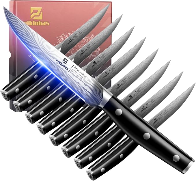 Steak Knives Set of 8, 4.6 Inch Non Serrated Dinner Knife, Forged German Steel Damascus Pattern Straight Edge Meat Knife with Full Tang Handle, Dishwasher Safe, Ideal for Gift | Forged German Steel Damascus Pattern Straight Edge Meat Knife with Full Ta...