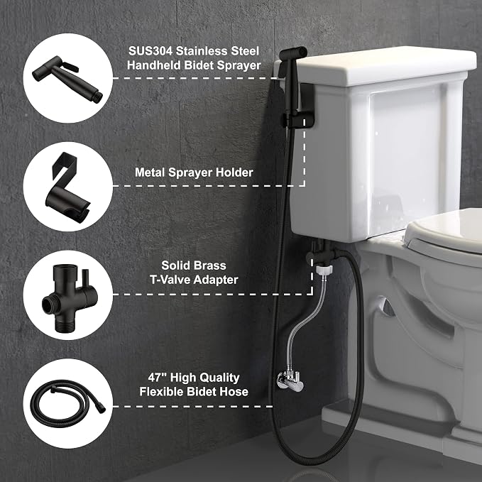 SHAMANDA Handheld Bidet Sprayer for Toilet, Stainless Steel Baby Cloth Diaper Sprayer Kit, Bathroom Toilet Bidet Attachment Set for Bathing Pets Feminine Hygiene, Matte Black BDS01-7