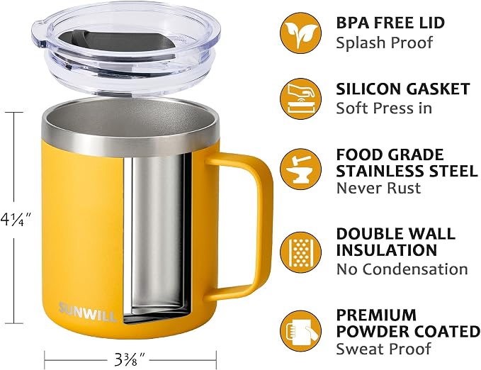 SUNWILL Insulated Coffee Mug with Lid, Travel Tumbler with Handle, 14 oz Stainless Steel Cup for Camping, Office, Home, Powder Coated Yellow