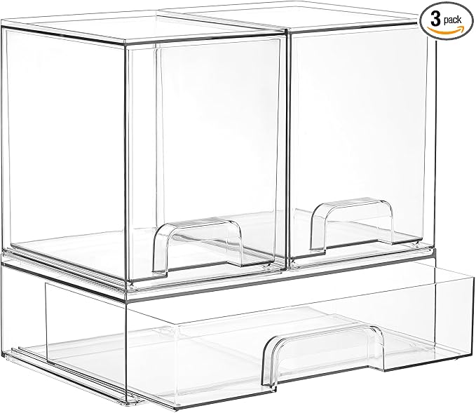Vtopmart Stackable Storage Drawers Set of 3, Clear Plastic Organizer Bins for Bathroom Supplies, Ideal for Cabinet,Shelf, Pantry, Laundry Room Organization