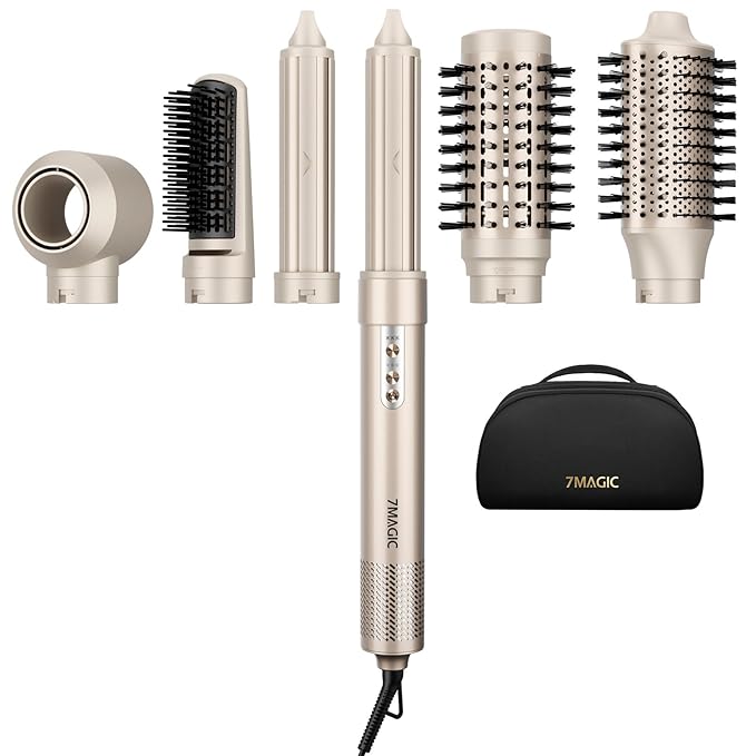 7MAGIC 6 in 1 Multi Hair Styler Dryer Brush, 110,000 RPM High-Speed, Negative Ionic, Fast Drying for Professional Blow Dry, Curling, Volumizing, Straightening and Styling, Gold