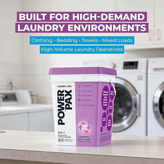 PowerPax 5-in-1 Laundry Detergent Pods - 425 Count, Washer Pods with Stain Remover, Odor Control, Fabric Softener & Color Care for Commercial Laundry - Lavender