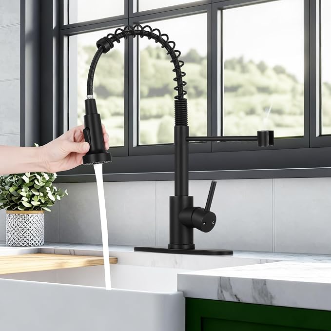 Kitchen Faucet with Pull Down Sprayer Matte Black | 2-mode sprayer, 360° high arc spout, 304 SS build, drip-free valve, fingerprint-resistant, DIY install, NSF certified