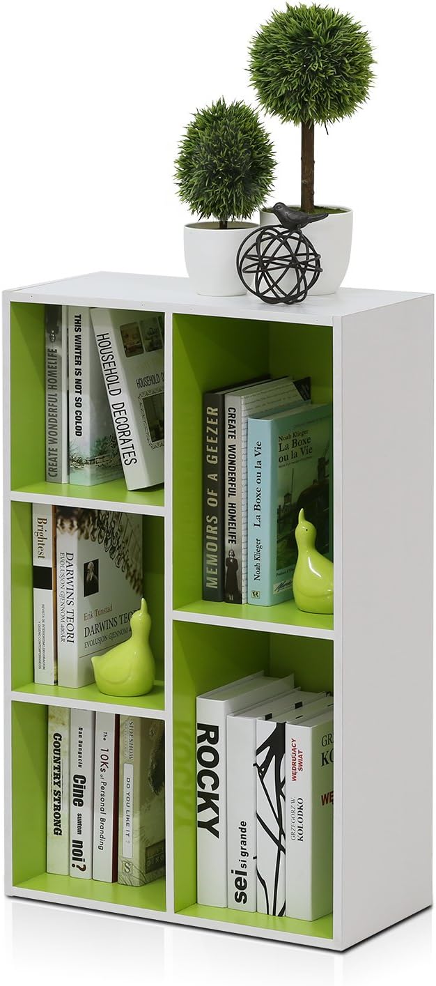 Furinno LUDER Book Shelf, 5-Cube Bookshelf, Reversible Bookcase, 9.4 x 19.5 x 31.5, Easy Assembly, for Living Room, Bedroom, Home Office, White/Green