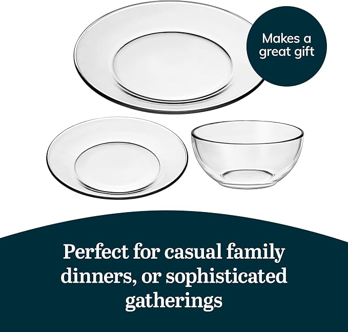 Libbey Round 12 Piece Glass Dinnerware Set, Stackable Glass Plate and Bowl Set w/Round Shape, Modern Plates and Bowls Sets for Gatherings, and Everyday Use