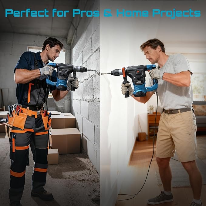 Seesii Heavy Duty Rotary Hammer: 13 Amp 1-1/4" SDS-Plus Demolition Hammer Drill for Concrete, Brick & Stone, 6J Power with 4 Functions, Safety Clutch & Reduced Vibration, with Drill Bits and Chisels