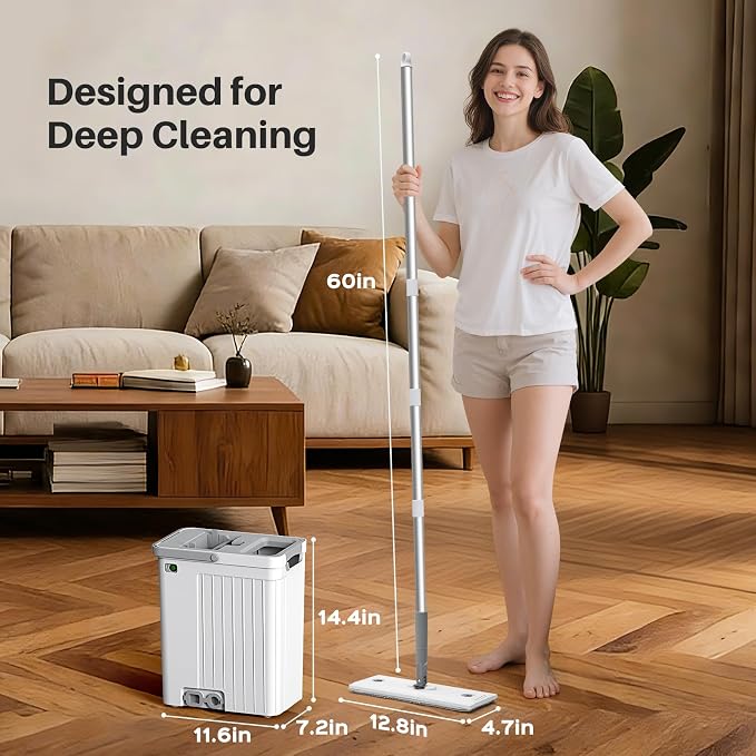 Mop and Bucket Set with Auto-Spray Cleaning, 3-Zone Separate Dirty and Clean Water, Flat Mop and Bucket System with Wringer and Wheels, 6 Reusable Pads, High-Efficiency Cleaning for Home Floor Wall