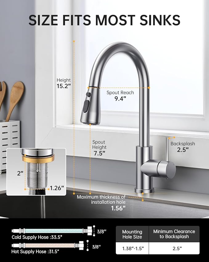Hiqufet Touchless Kitchen Faucet, Pull Down Sprayer, Brushed Nickel | Hands-Free Smart Motion Sensor, Easy Install, SUS304 Stainless Steel, Lead-Free, High Arc, 3 Spray Modes, 360 Swivel