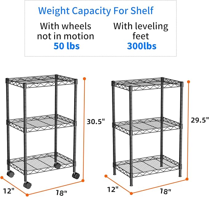 Golpart Small 3 Tier Shelves Storage Wire Shelving Unit Metal Shelf Adjustable Organizers Storage Shelving with Wheels for Bathroom Laundry Room Kitchen Pantry11.7”D x 17.7”W x 30.7”H Black