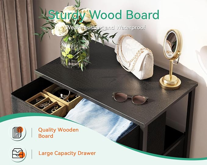 AODK Small Dresser for Bedroom with 4 Storage Drawers, Black | Dressers Chest of Drawers Fabric Dresser with Sturdy Steel Frame, Dressers for Closet with Wood Top