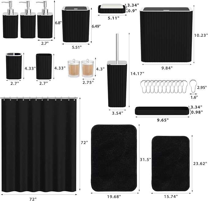 Bathroom Accessory Set - Bathroom Set, 27PC Bathroom Accessories Set, Black Bathroom Sets with Shower Curtain and Rugs, Mini Trash Can, Toilet Brush, Trash Can & Soap Dispenser