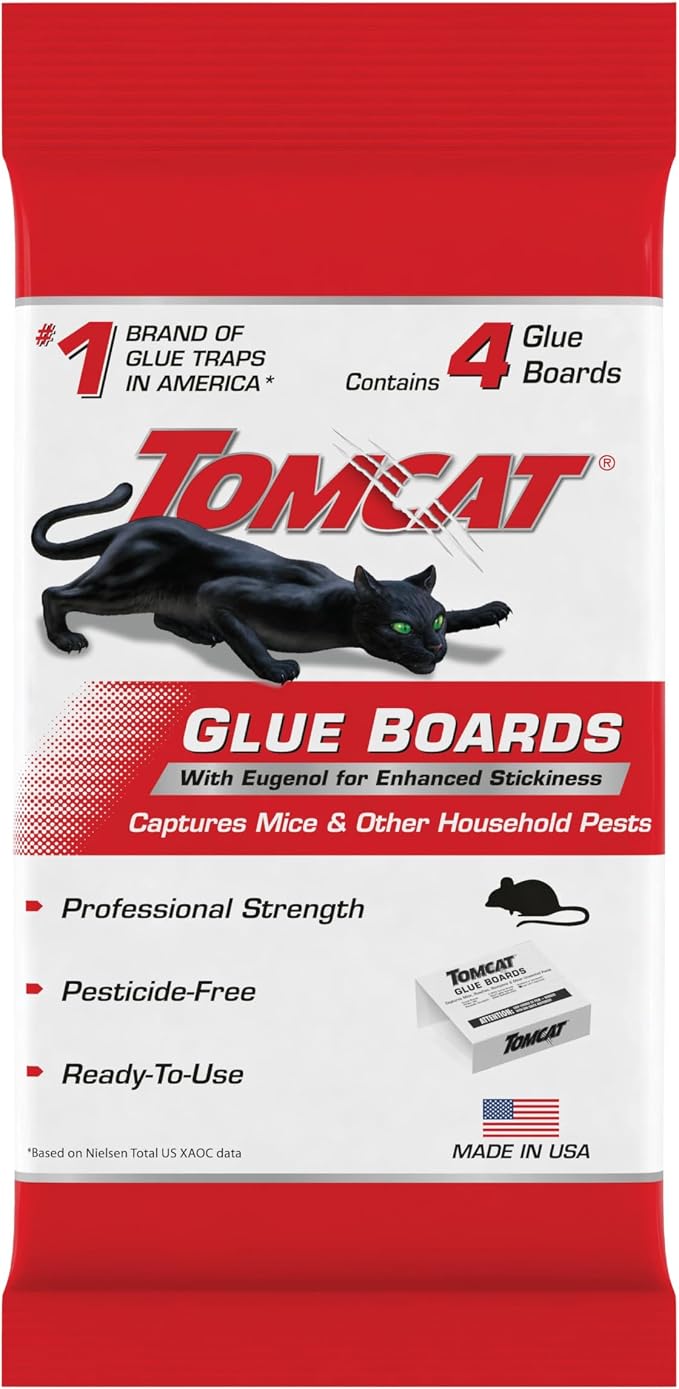 Tomcat Glue Boards with Eugenol for Enhanced Stickiness, 4 Boards | Sticky Traps for Mice, Cockroaches & Insects, Flat or Covered Use, Ready-To-Use
