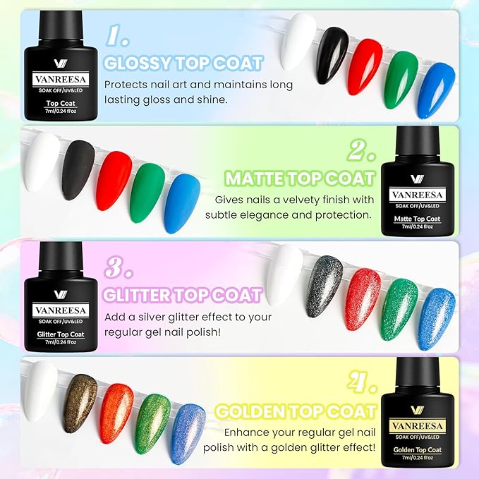 VANREESA 24 Pcs Pastel Gel Nail Polish Set -Spring Trendy Colors Gel Polish with Base Coat & 4 Effects of Top Coat Pink Orange Yellow Green Blue Purple Gel Polish Set Nail Kit Gifts for Women Girls