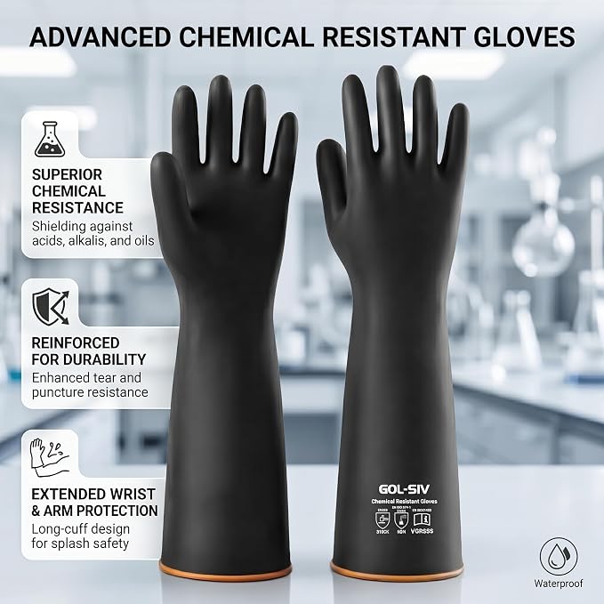 Chemical Resistant Heavy Duty Latex Gloves 2 Pairs - Rubber Gauntlet for Aquarium, Sandblasting, Deep Tank Cleaning & Drain Work - Acid Alkali Resistant Black, 22 Inch,XL
