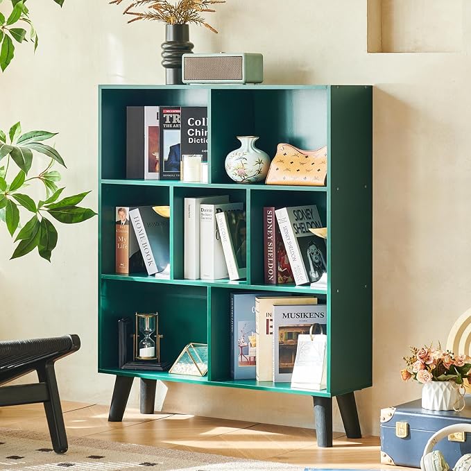 LEYAOYAO Cube Bookshelf, Mid-Century Modern Book Shelf with Legs,Dark Green | 3 Tier Bookcase, Rustic Wood Bookshelves Freestanding Small Storage Organizer, Open Shelves for Bedroom, Living Room, Office