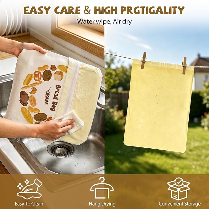 Large Linen Beeswax Bread Bags(2 Pack) Sourdough Bread Bags Reusable Double-Lock Freezer Baking Container Gift Giving for Homemade,Loaf,Sourdough,Food Storage (Bread Wreath Print)