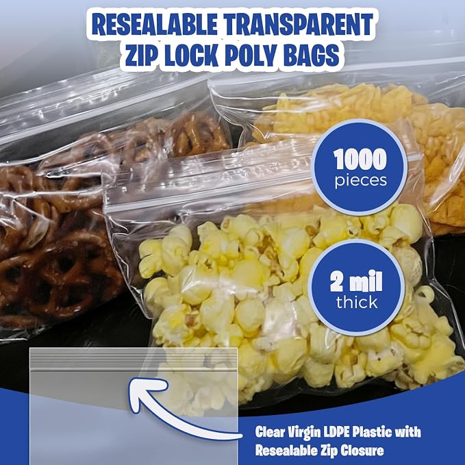 Seal Fresh 5" x 7" (1000 Count) 2 Mil Clear Reclosable Zip Plastic Poly Bags — 5x7 Bag Clear Reclosable Zipper Seal for Treats, Crafts, Jewelry, Party Favors, Small Food Storage