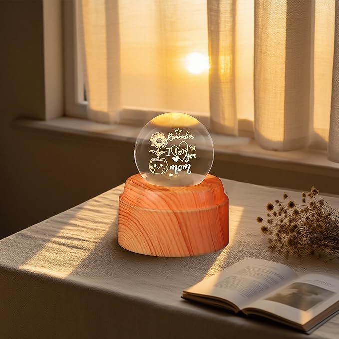 ZHSHWAT Gifts for Mom-Engraved Crystal Ball Night Light with Faux Wood Rotating Base - I Love You Mom Sunflower Design, USB-Powered Decor, Christmas Birthday Gifts for Mother from Daughter Son