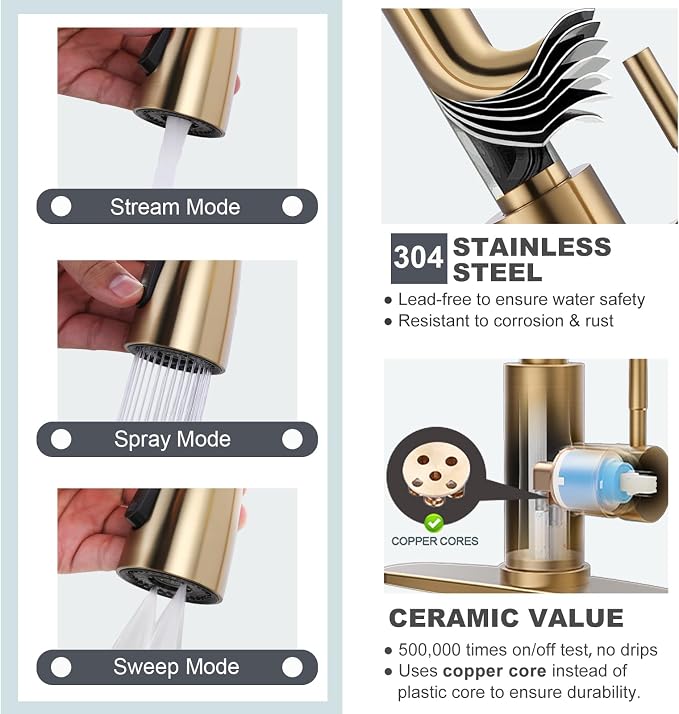 WOWOW Brushed Gold Kitchen Faucet With Sprayer, Stainless Steel High Arc Single Handle Sink Faucet for 1 or 3 Hole, Luxurious Gold Utility RV Kitchen Tap