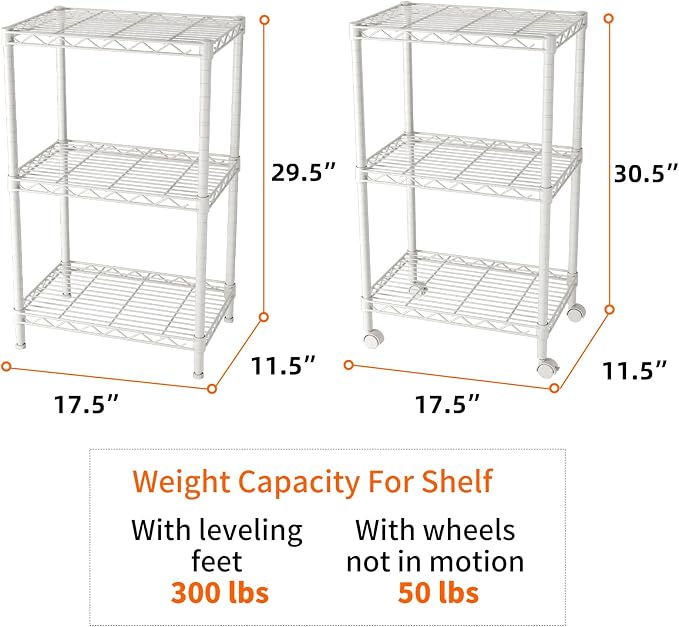 SINGAYE 3 Shelves Storage Shelf Wire Shelving Unit Metal Adjustable Wheels | Small Shelf Storage with Wheels Organizers Closet Unit for Bathroom Laundry Room Kitchen Pantry11.5D x 17.5W x 30.5H White